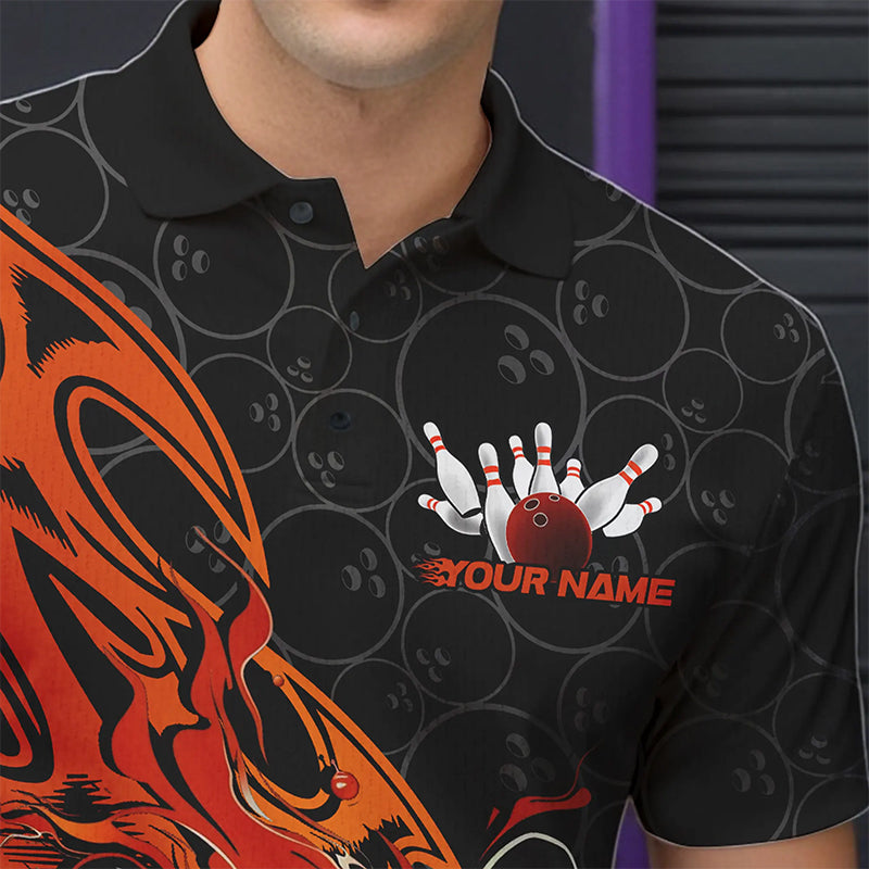 Custom Black And Orange Tribal Flame Bowling Team Men Polo Shirts, Bowling Pattern Outfits IPHW8816