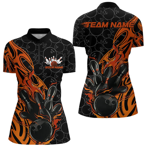 Custom Black And Orange Tribal Flame Bowling Team Women Quarter-Zip Shirts, Bowlers Outfits IPHW8816