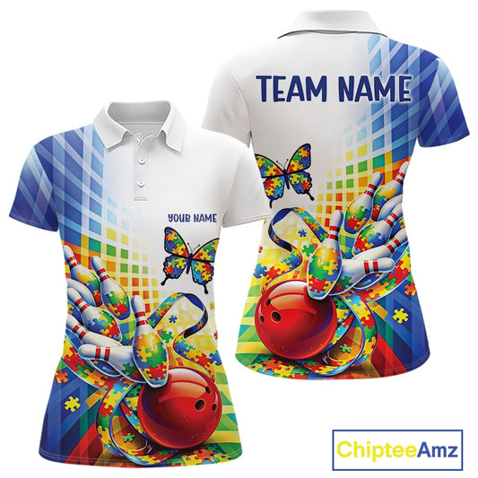 Women’s polo shirt mockup front and back showing puzzle pattern bowling with butterfly and swirling ribbon accents on white and blue fabric