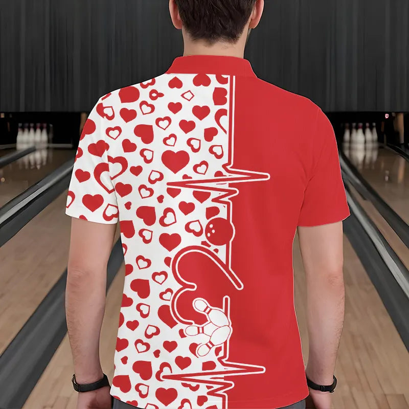 Red Bowling Heartbeat Pulse Line Custom Valentines Day Bowling Polo Shirts For Men IPHW8331