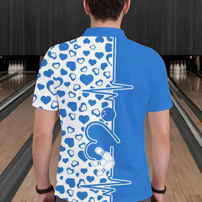 Blue Bowling Heartbeat Pulse Line Custom Valentines Day Bowling Polo Shirts For Men IPHW8333