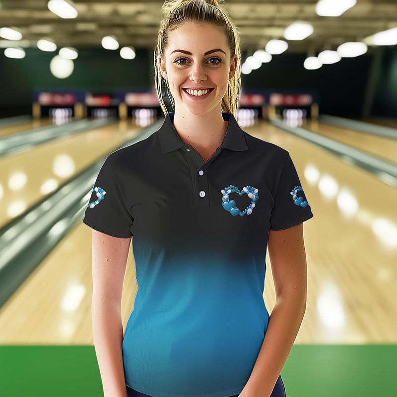 Black And Blue Custom Valentines Day Bowling Polo Shirts For Women, Bowling Couple Shirt IPHW8335