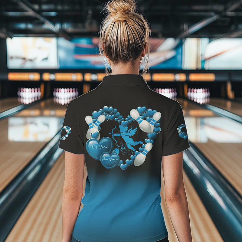 Black And Blue Custom Valentines Day Bowling Polo Shirts For Women, Bowling Couple Shirt IPHW8335