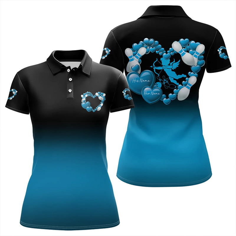 Black And Blue Custom Valentines Day Bowling Polo Shirts For Women, Bowling Couple Shirt IPHW8335
