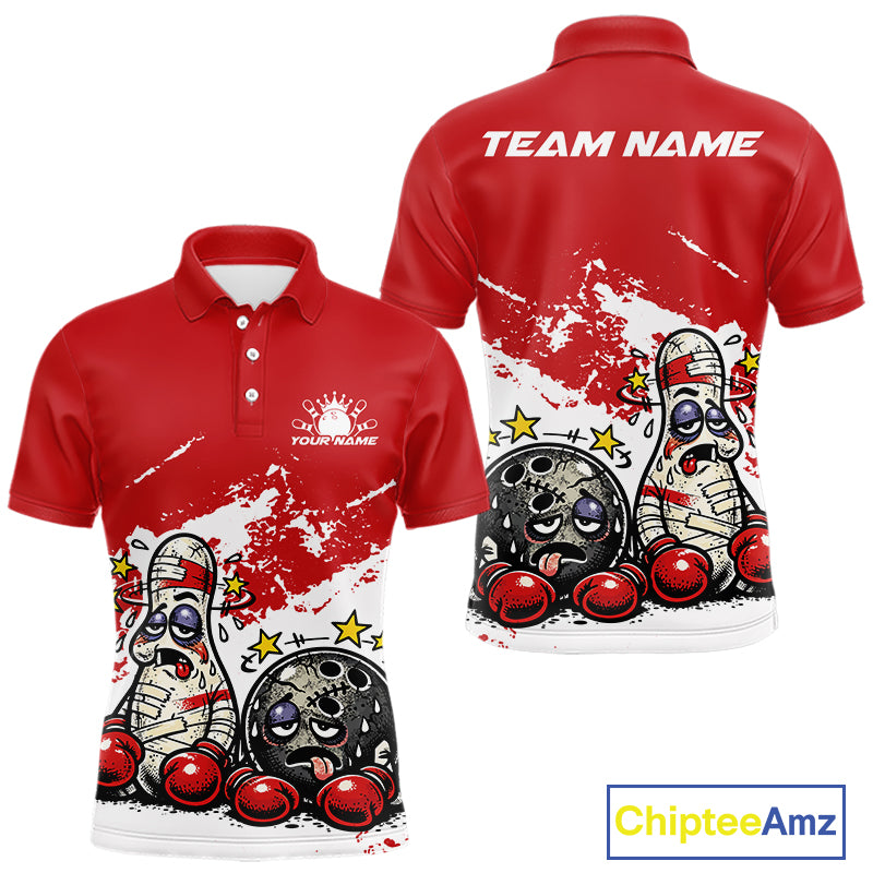 Front and back view of a men’s polo shirt mockup in red and white, featuring cartoon boxing-style bowling ball and pin illustrated as beaten-up boxers.