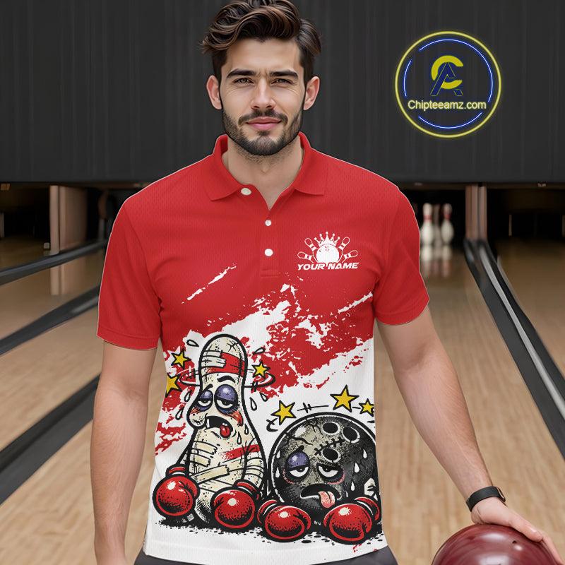 Male model in a bowling lane wearing a red and white polo shirt, humorous boxing bowling strike artwork with playful cartoon fight design.