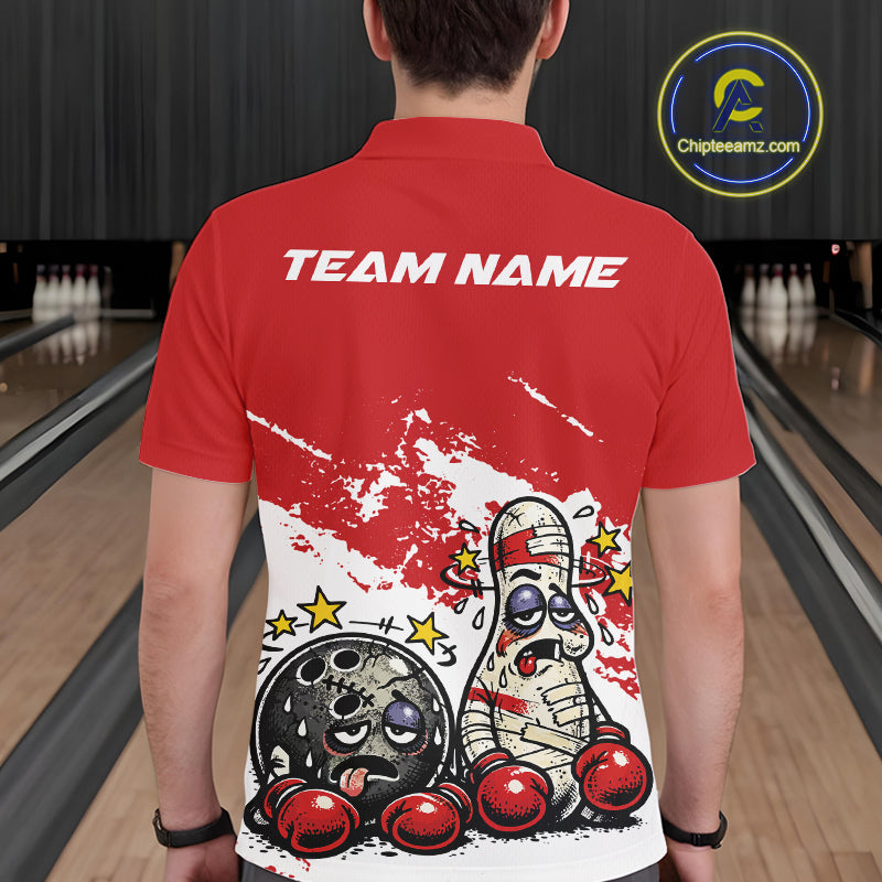 Back view of a male bowler wearing a red and white polo shirt, boxing-style bowling ball and pin illustration with beaten-up character theme.