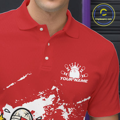 Close-up view of left chest area of a red and white polo shirt, showing small boxing bowling ball and pin graphic detail.