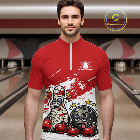 Male model at a bowling lane wearing a red and white quarter-zip shirt, playful boxing bowling ball and pin artwork with bold sporty tone.