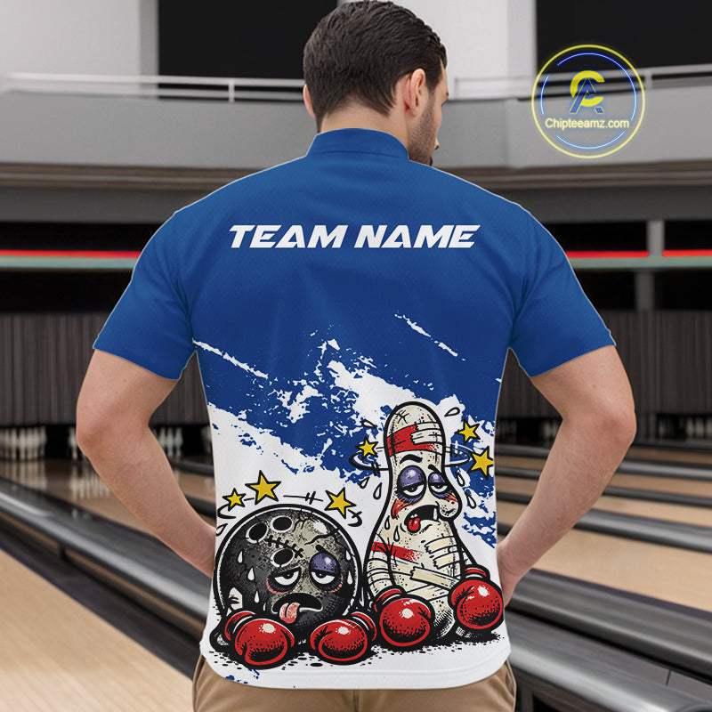 Male model in a bowling lane wearing a blue and white quarter-zip shirt, cartoon boxing bowling strike illustration with lively motion design.