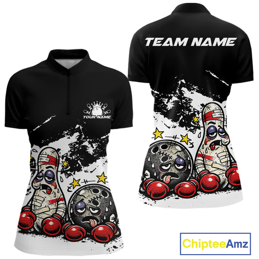 Front and back view of a women’s quarter-zip bowling shirt mockup in black and white, featuring humorous boxing-style bowling ball and pin graphics.