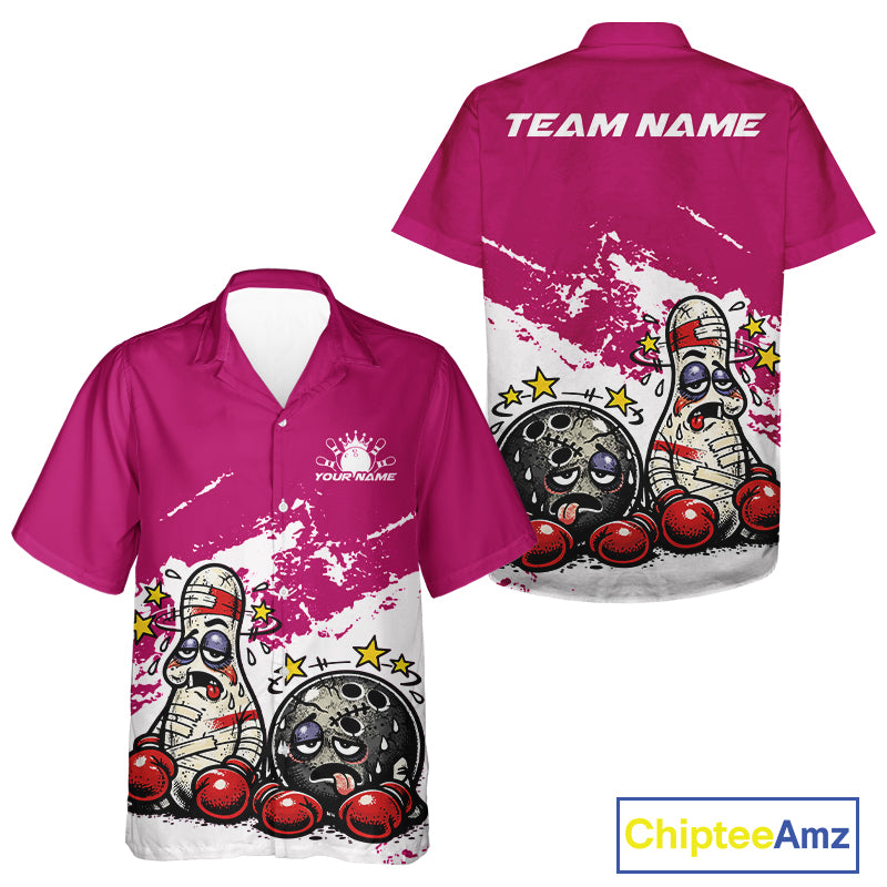 Front and back view of a button-up bowling shirt mockup in pink and white, featuring boxing-style bowling ball and pin humorous sports artwork.
