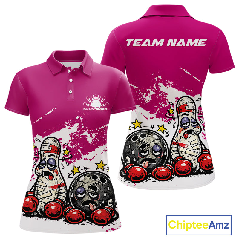Front and back view of a women’s polo shirt mockup in pink and white, featuring boxing bowling ball and pin cartoon illustration.