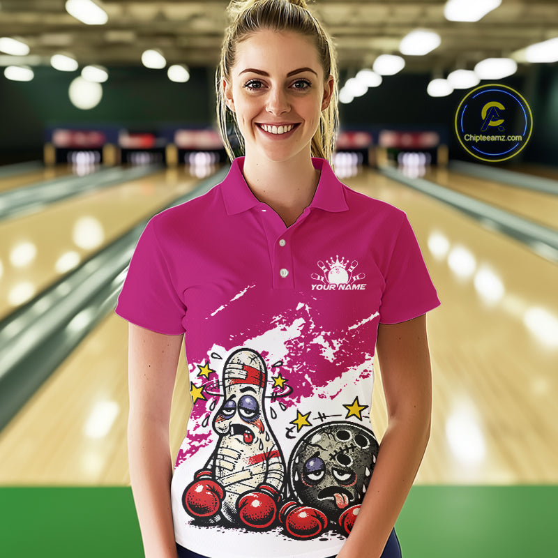 Female model in a bowling lane wearing a pink and white polo shirt, humorous boxing bowling strike artwork with playful vibe.