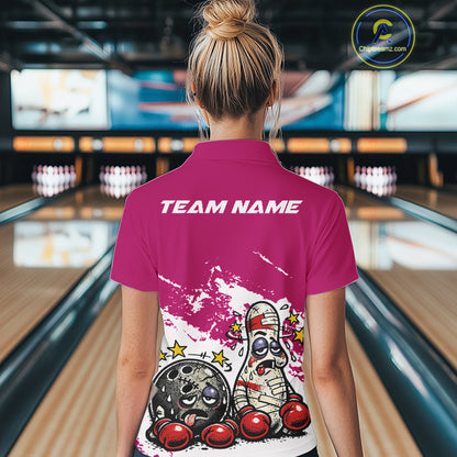 Back view of a female bowler wearing a pink and white polo shirt, cartoon boxing bowling ball and pin illustration with dynamic style.