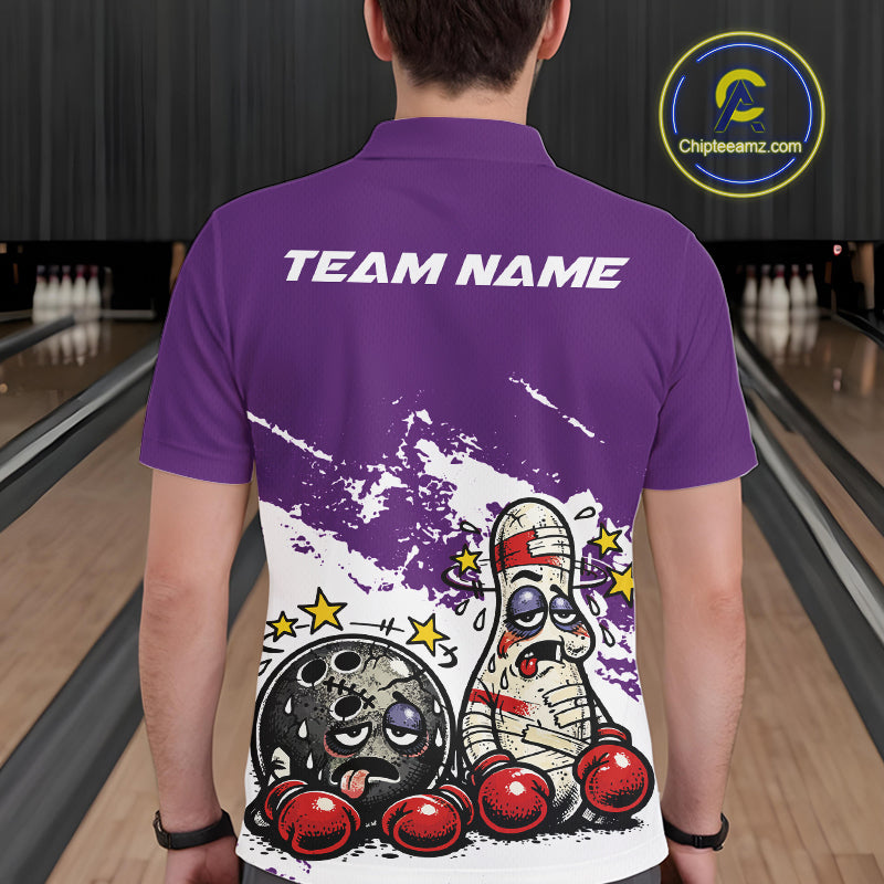 Back view of a male bowler wearing a purple and white polo shirt, boxing-style bowling ball and pin design with playful beaten-up effect.