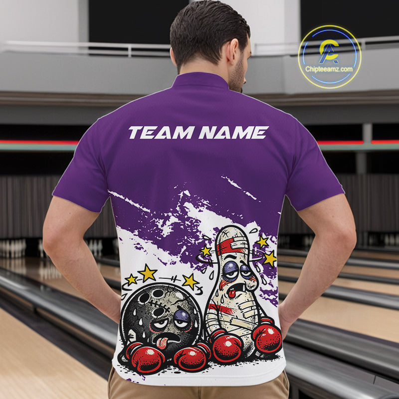 Male model in a bowling lane wearing a purple and white quarter-zip shirt, humorous boxing bowling strike illustration with lively motion.