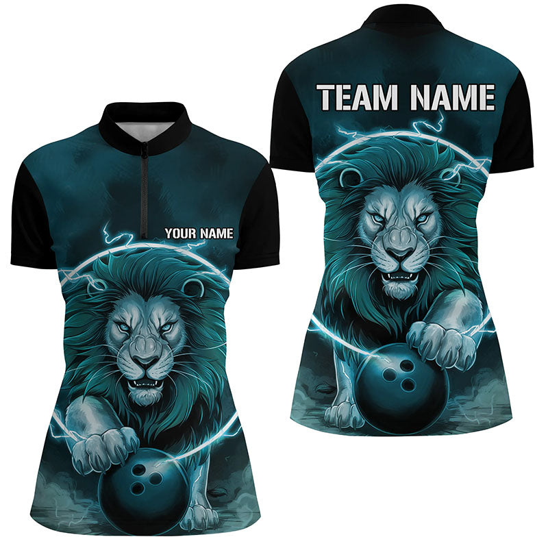Custom Lion Bowling Quarter Zip Shirts For Women, Ladies Bowling Shirts Uniform | Blue IPHW6774
