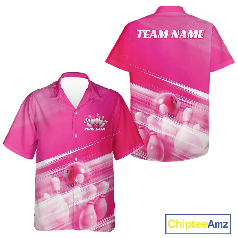 Front and back pink button up bowling shirt mockup featuring bowling ball and pins graphics blended into a pink geometric pattern.