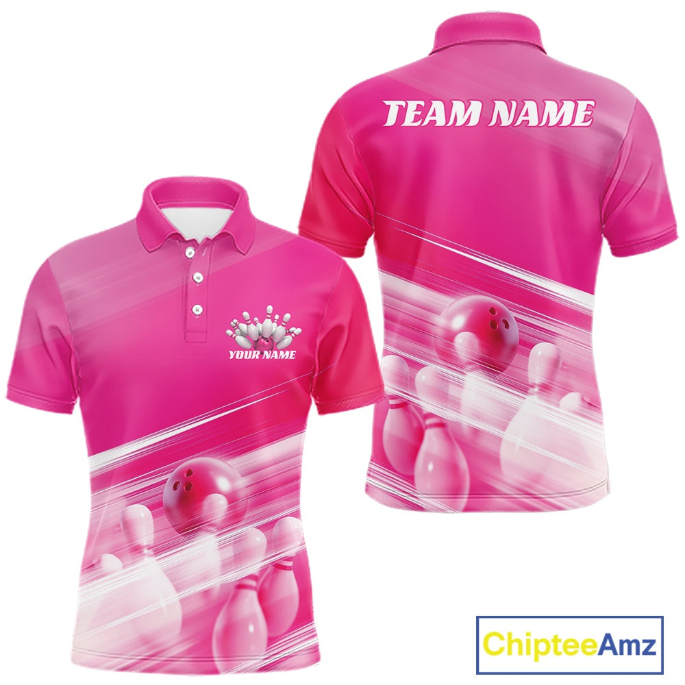 Front and back pink men’s bowling polo shirt mockup with bowling ball and pins graphics over a pink geometric pattern background.