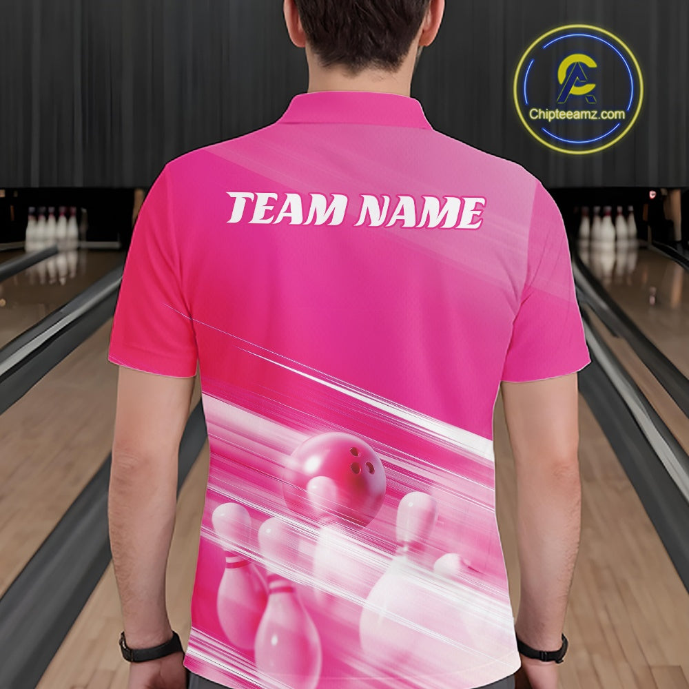 Male model back view in a bowling lane wearing a pink bowling polo shirt with bowling ball and pins geometric pattern graphics.