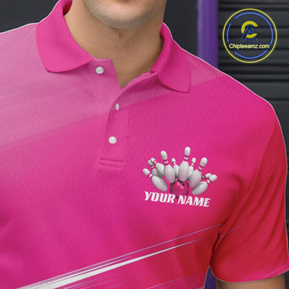Close up left chest view of a pink bowling polo shirt featuring bowling ball and pins artwork blended into a geometric background.