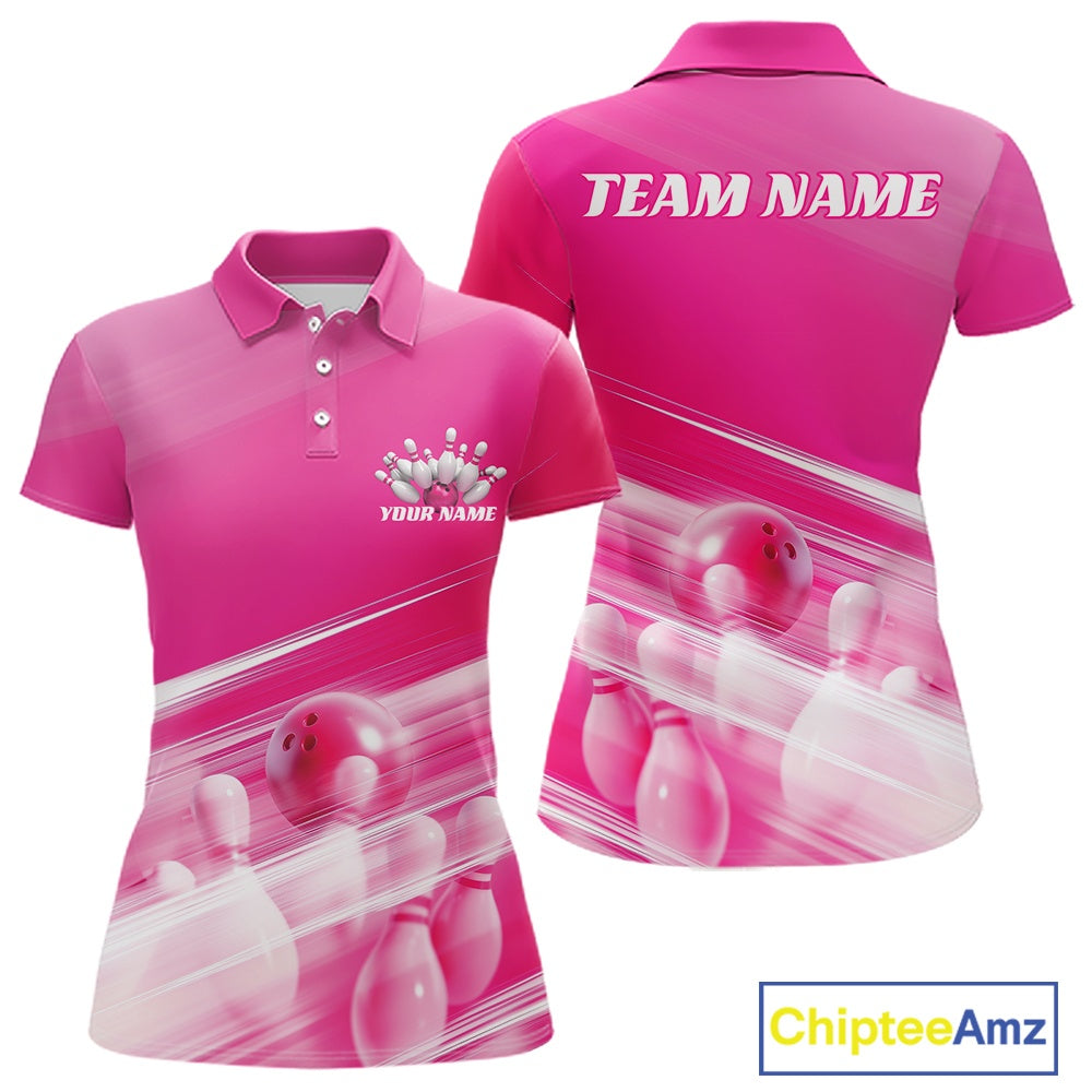 Front and back pink women’s polo shirt mockup featuring bowling ball and pins graphics blended into a pink geometric pattern.