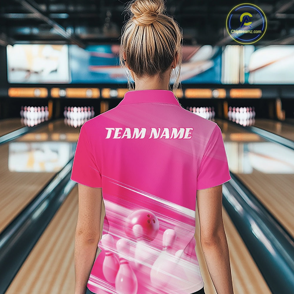 Back view female model at the bowling lane wearing a pink polo shirt with bowling ball and pins over a pink geometric background.