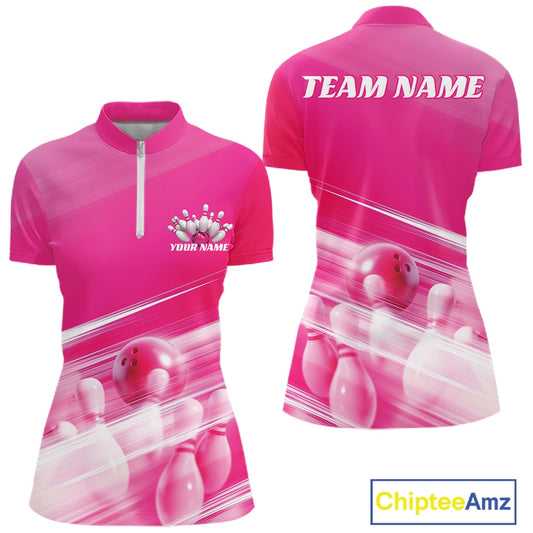 Front and back pink women’s bowling quarter zip mockup with bowling ball and pins blended into a pink geometric pattern background.