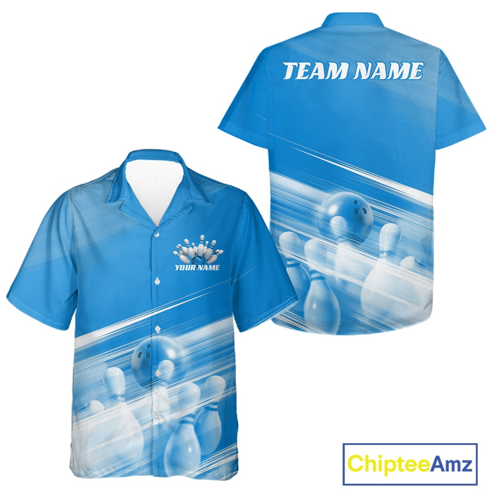 Blue button up bowling shirt mockup shown front and back with bowling ball and pins motif over a pink geometric pattern background.