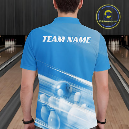 Back view of a male model in a bowling lane wearing a blue bowling polo shirt with bowling ball and pins geometric artwork.