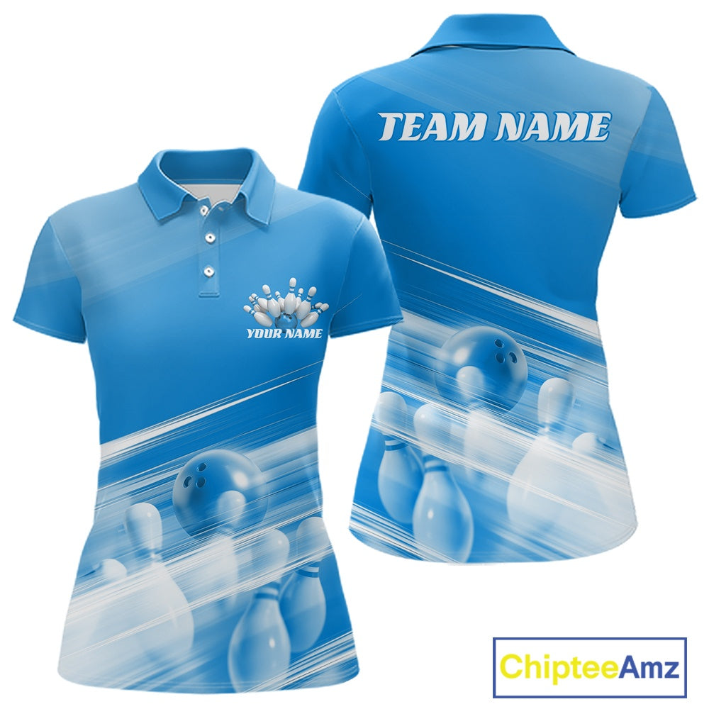 Front and back blue women’s polo shirt mockup with bowling ball and pins motif blended into a pink geometric pattern background.
