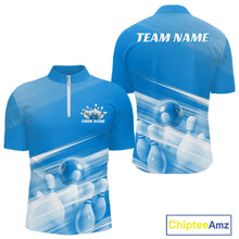 Load image into Gallery viewer, Front and back blue men’s bowling quarter zip shirt mockup with bowling ball and pins artwork blended into a pink geometric background.
