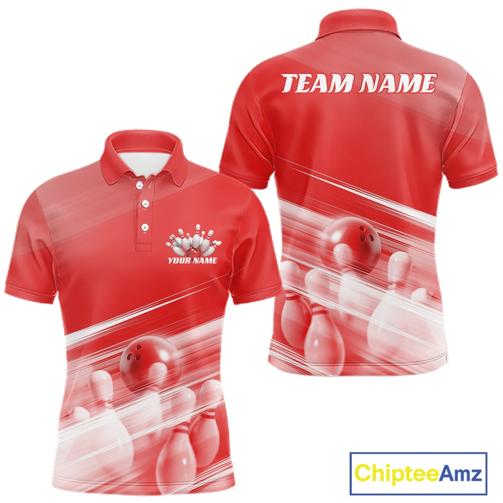 Front and back red men’s bowling polo shirt mockup featuring bowling ball and pins graphics over a pink geometric background.