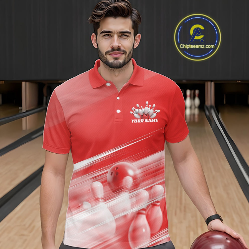 Front view of a male model in a bowling lane wearing a red bowling polo shirt with bowling ball and pins over a pink geometric background.