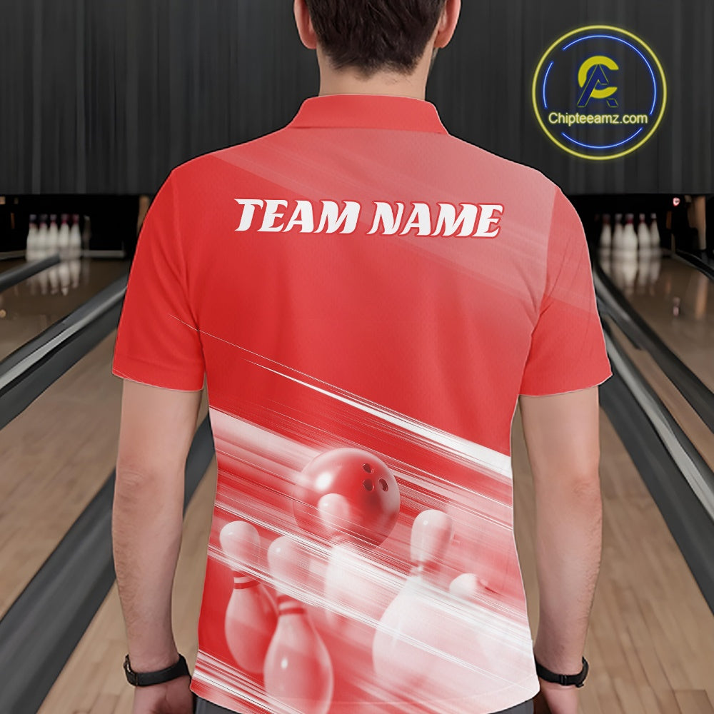 Back view of a male model in a bowling lane wearing a red polo shirt with bowling ball and pins over a pink geometric background.