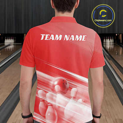 Back view of a male model in a bowling lane wearing a red polo shirt with bowling ball and pins over a pink geometric background.