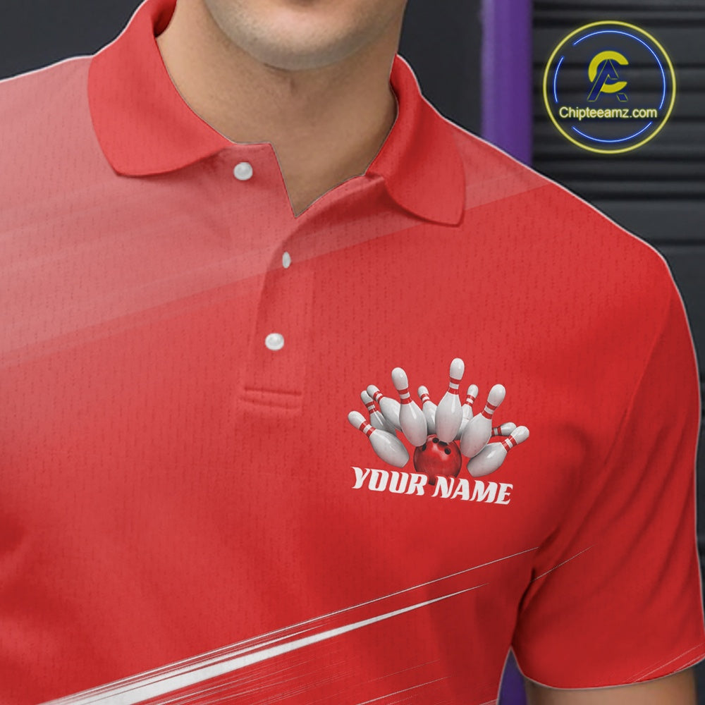 Close up left chest view of a red bowling polo shirt with bowling ball and pins artwork blended into a pink geometric pattern.