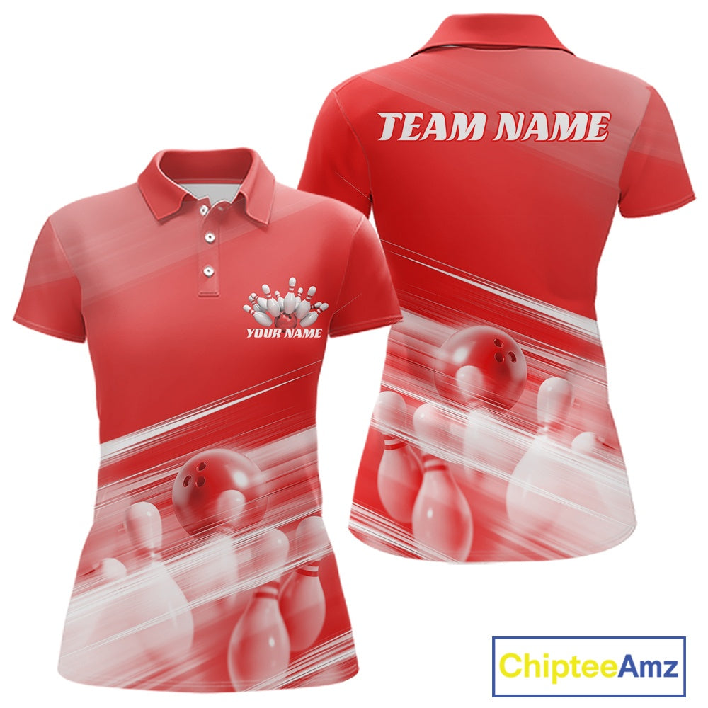 Front and back red women’s polo shirt mockup featuring bowling ball and pins blended into a pink geometric pattern background.