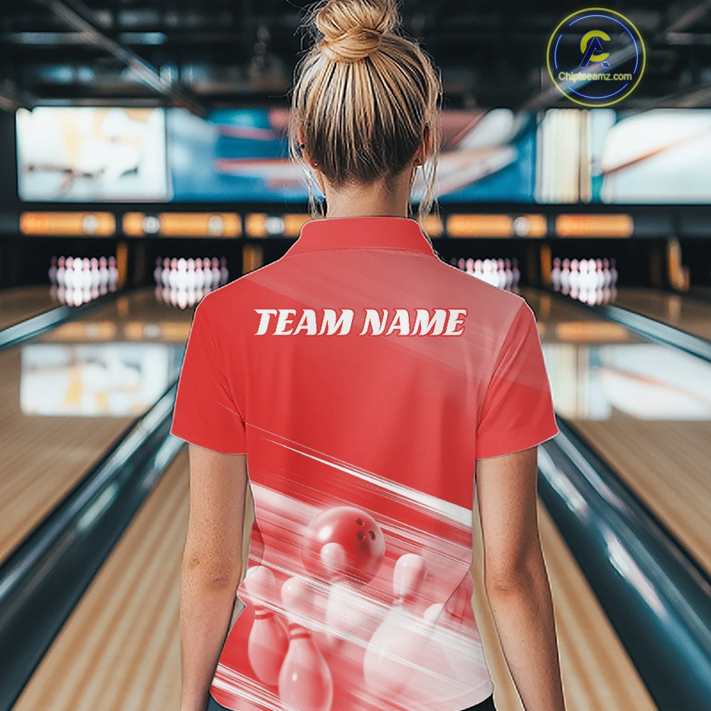 Back view female model in a bowling lane wearing a red polo shirt with bowling ball and pins over a pink geometric background.