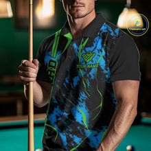 Load image into Gallery viewer, Front view of a male model wearing a polo shirt with flaming billiard 8 ball artwork on a blue and green abstract background.
