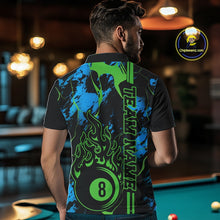 Load image into Gallery viewer, Back view male model wearing a Billiard polo shirt with flaming billiard 8 ball graphics on a blue and green abstract background.