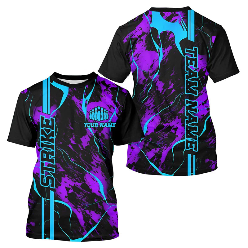 Custom Blue And Purple Strike Bowling T-Shirts For Men, Camo Bowling Team Jerseys IPHW5386