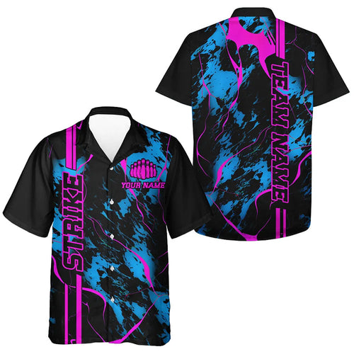 Custom Blue And Pink Strike Bowling Kid Hawaiian Shirt, Camo Bowling League Team Jerseys IPHW5387