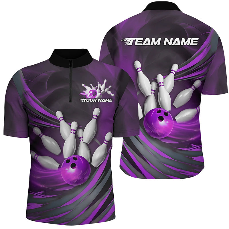Purple Flame Custom Bowling Shirts For Men, Fire Bowling Team Uniform Tournament IPHW7680