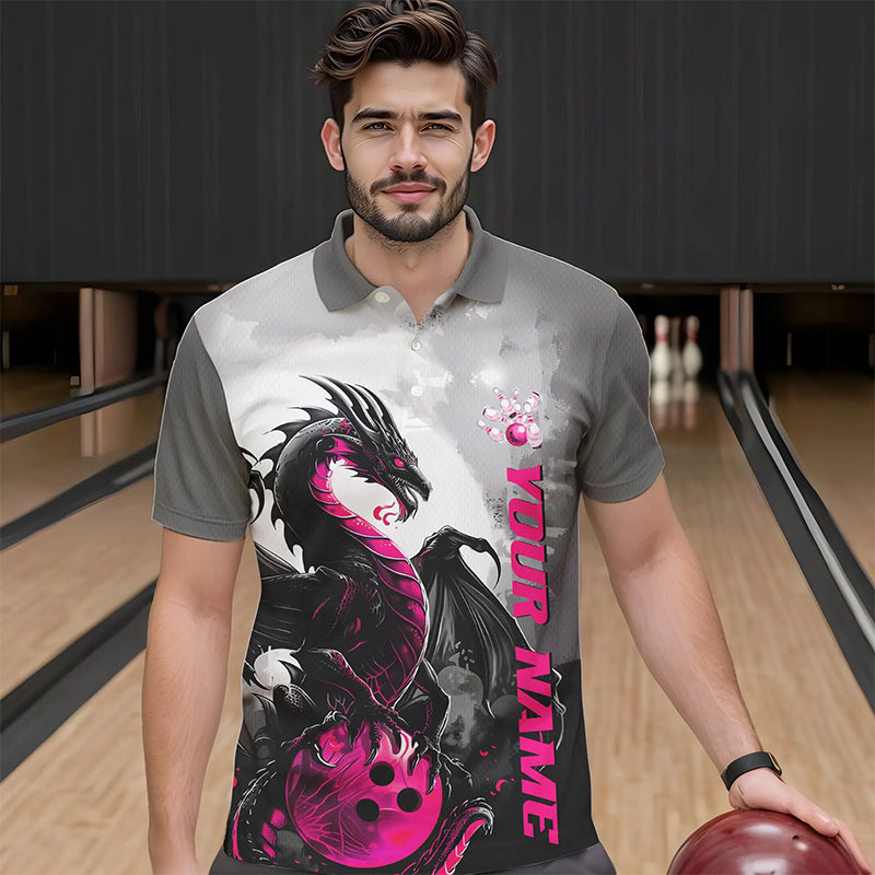 Black And Pink Custom Dragon Bowling Polo Shirts For Men, Dragon Bowling Team Shirts IPHW8818