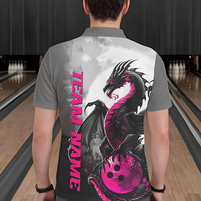 Black And Pink Custom Dragon Bowling Polo Shirts For Men, Dragon Bowling Team Shirts IPHW8818
