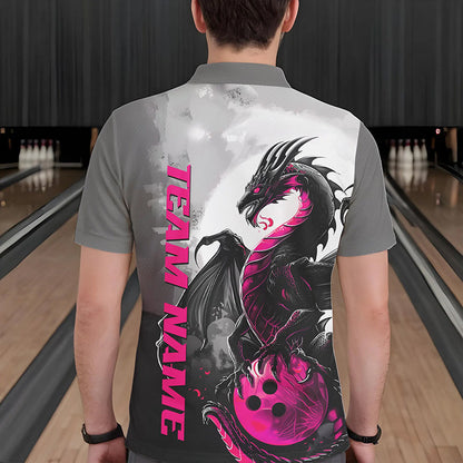 Black And Pink Custom Dragon Bowling Polo Shirts For Men, Dragon Bowling Team Shirts IPHW8818