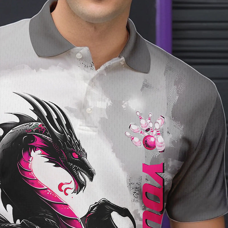Black And Pink Custom Dragon Bowling Polo Shirts For Men, Dragon Bowling Team Shirts IPHW8818