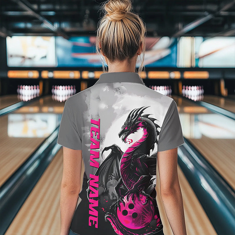 Black And Pink Custom Dragon Bowling Polo Shirts For Women, Dragon Bowling Team Shirts IPHW8818